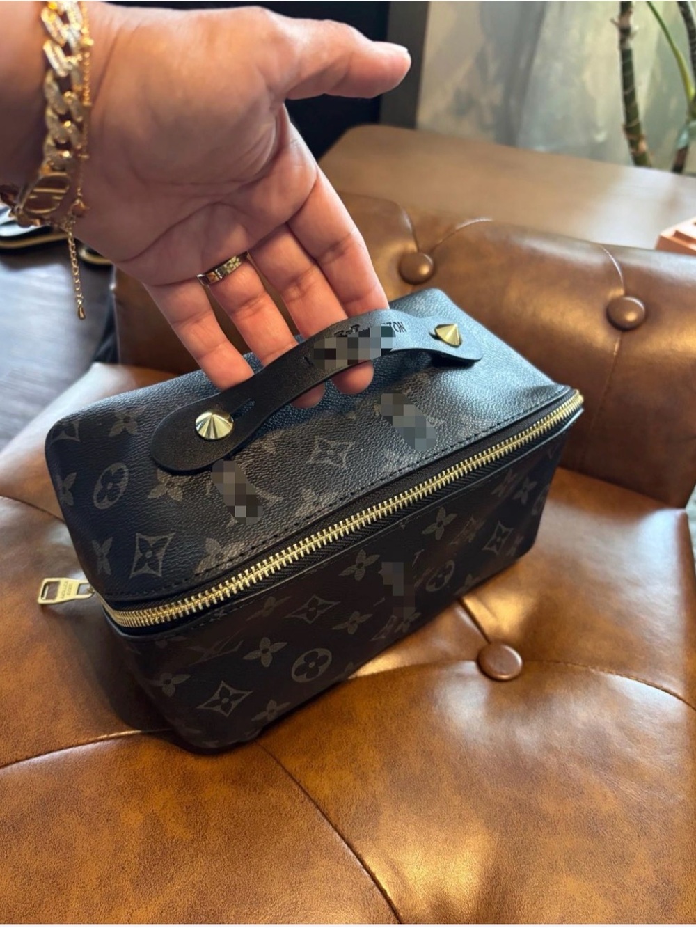 Monogram Print Structured Cosmetic Case - Dark Brown